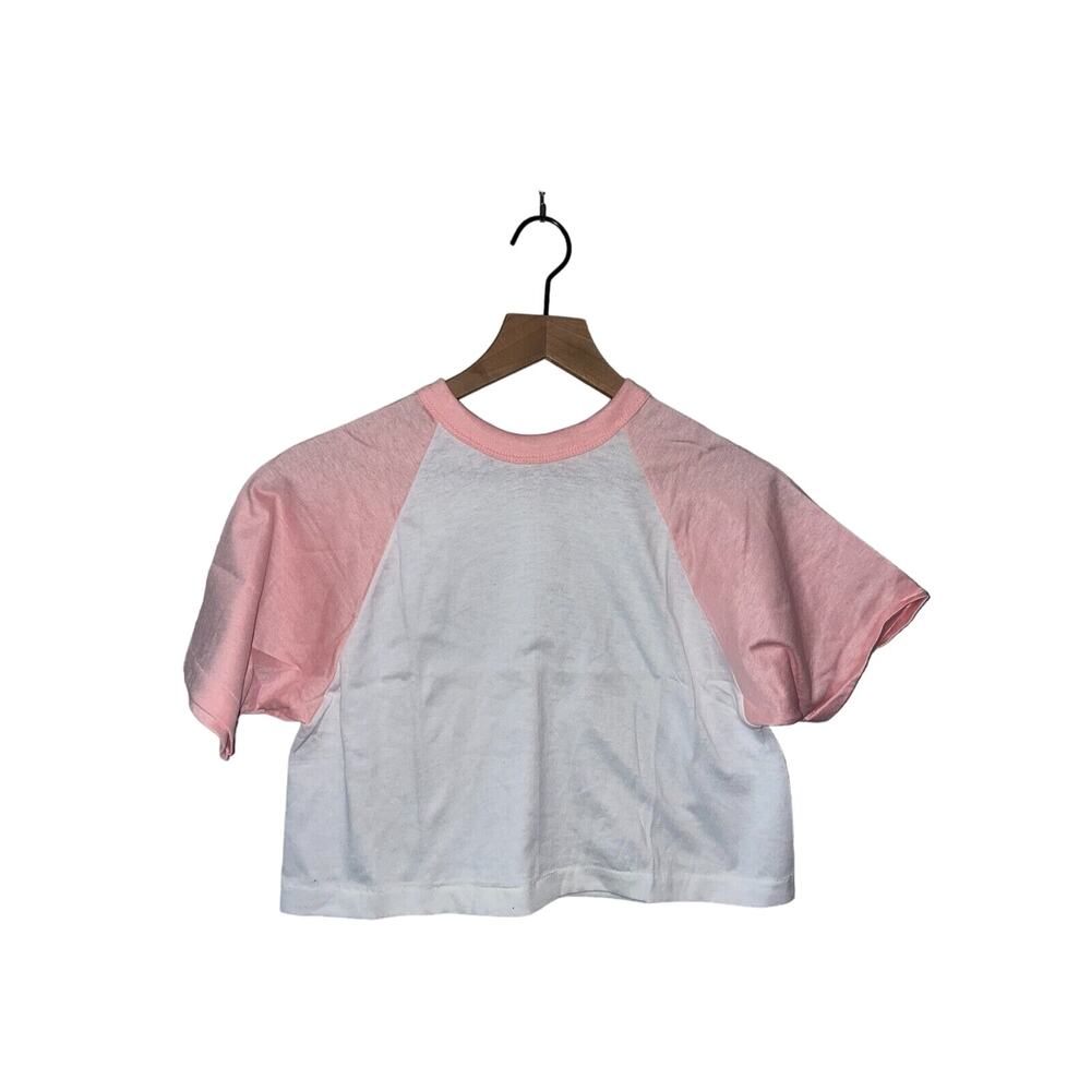 1980s Women's Sportswear USA Made White Pink Crop Top Shirt Women M Medium 80s